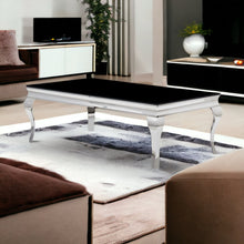 Silver Tone Black Glass Top Cocktail Table