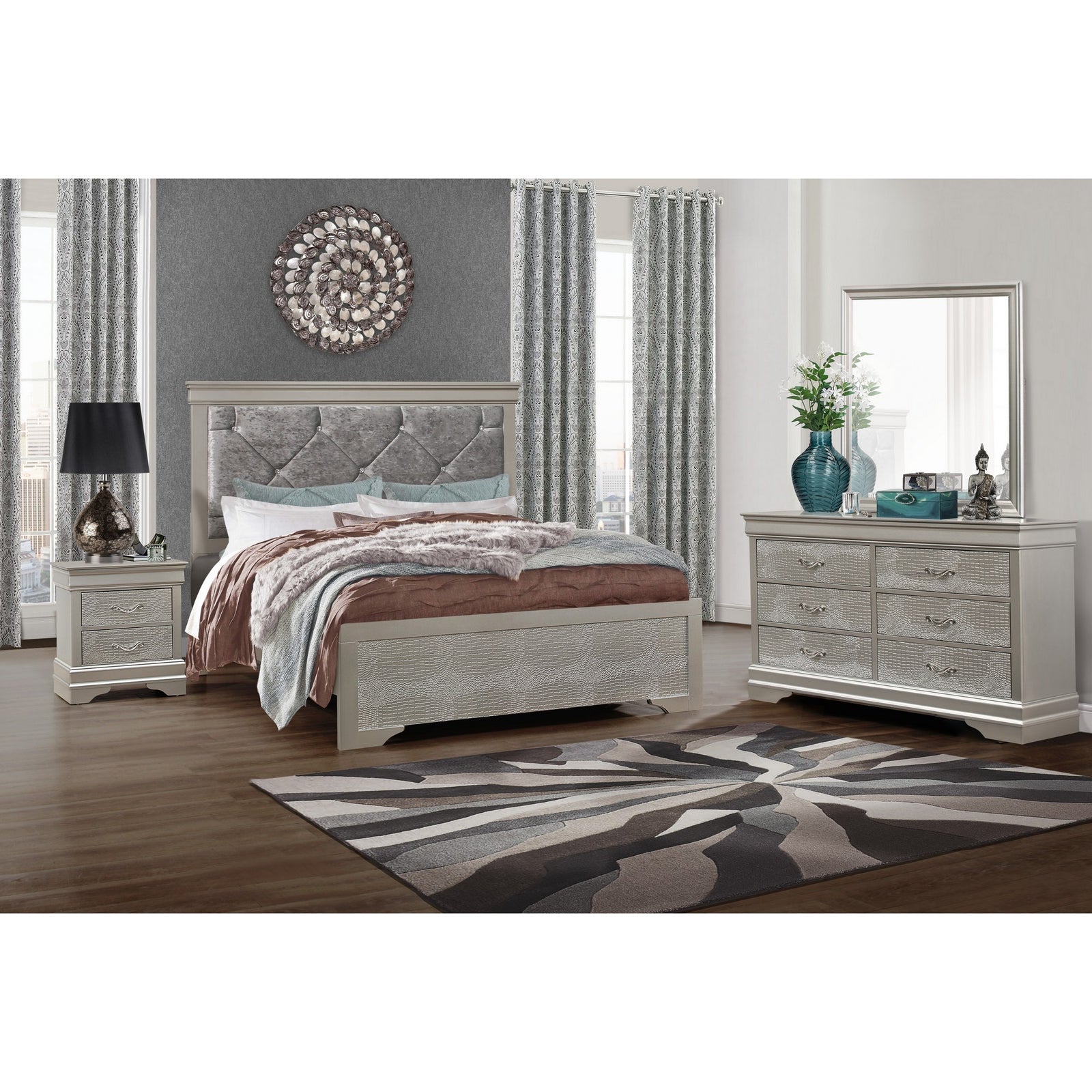 Silver Tone Rubberwood King Bed With Clean Line Headboard And Footboard