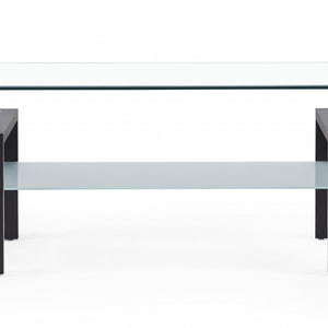 Dark Walnut Legs Coffee Table With Rectangular Clear Glass Top