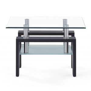 Mesa auxiliar con patas de nogal oscuro y tapa rectangular de cristal transparente