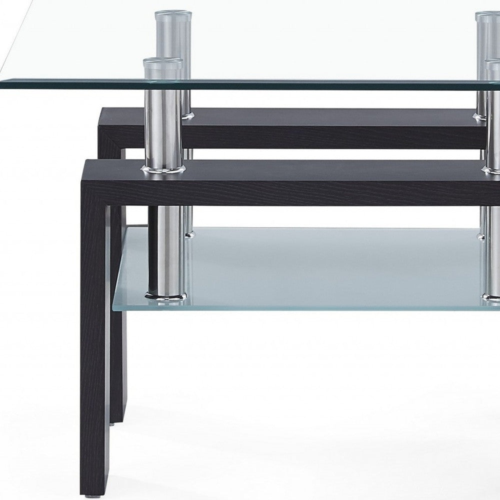 Mesa auxiliar con patas de nogal oscuro y tapa rectangular de cristal transparente