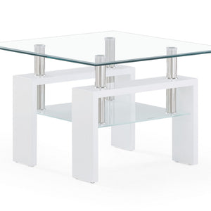 White Glossy Leg End Table With Rectangular Clear Glass Top