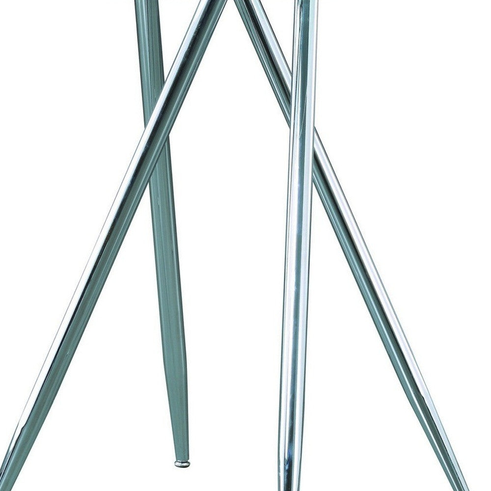 Mesa de bar con patas de metal cromado y tapa redonda de vidrio templado