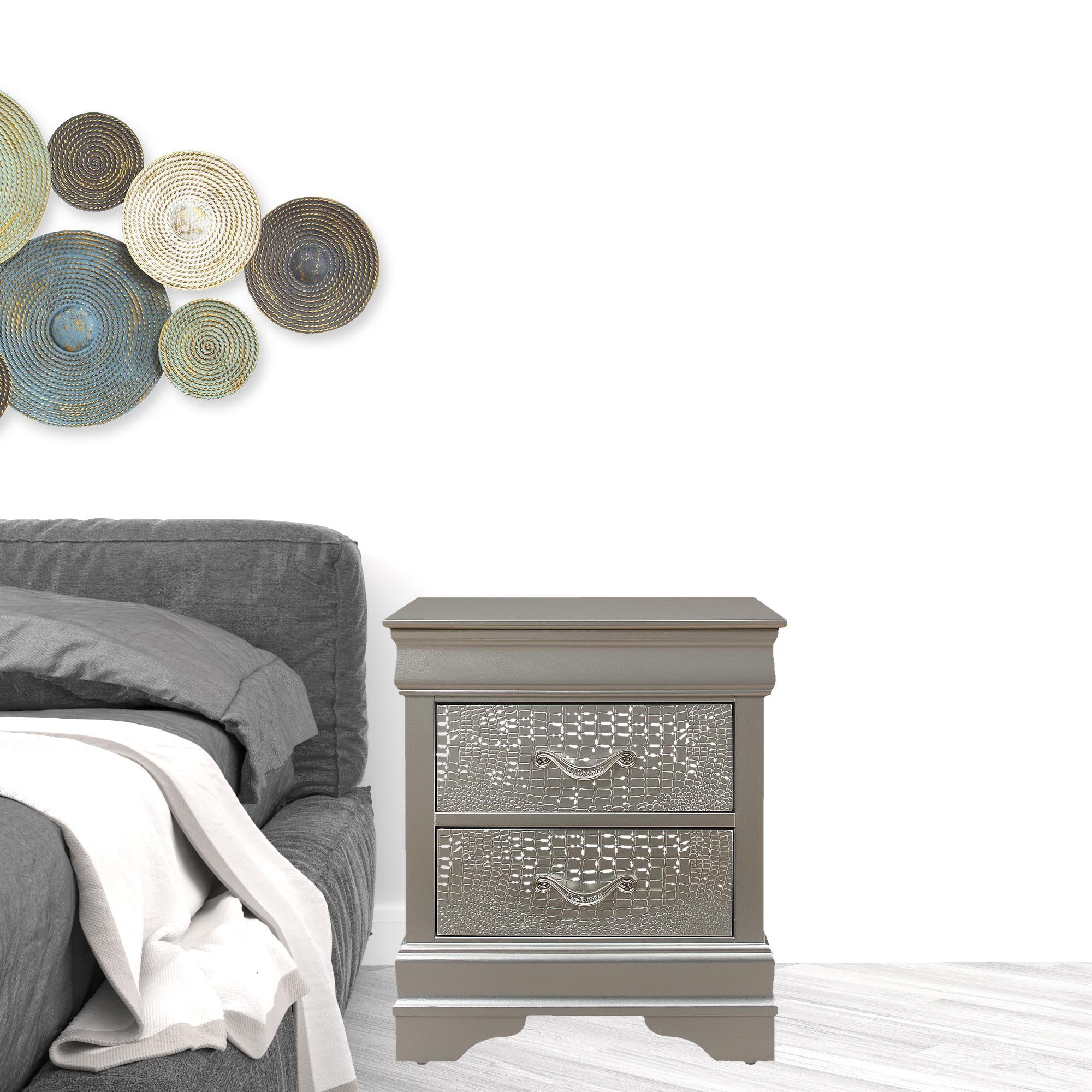 24" Silver Two Drawers Solid Wood Nightstand