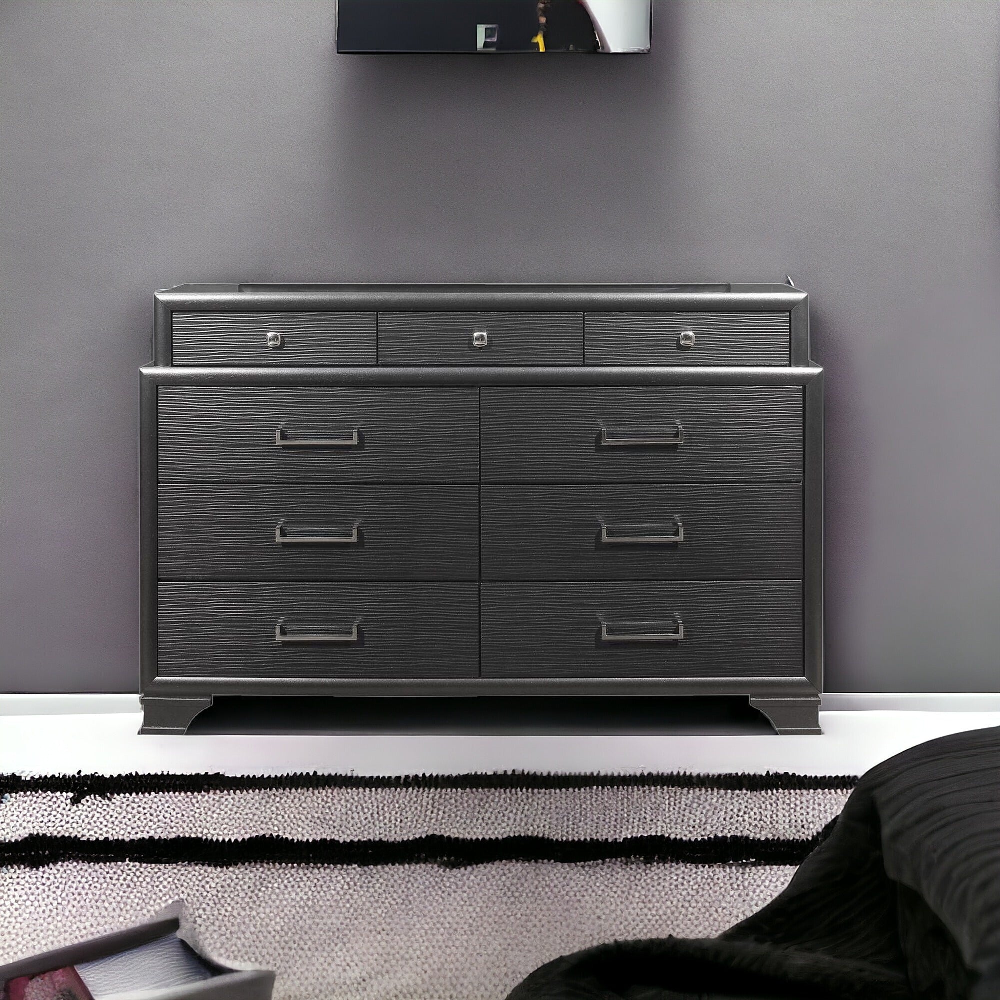 57" Gray Solid Wood Mirrored Nine Drawer