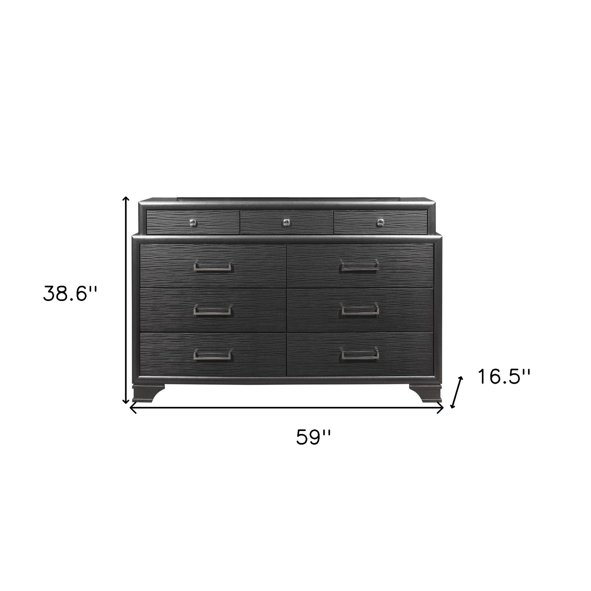 57" Gray Solid Wood Mirrored Nine Drawer