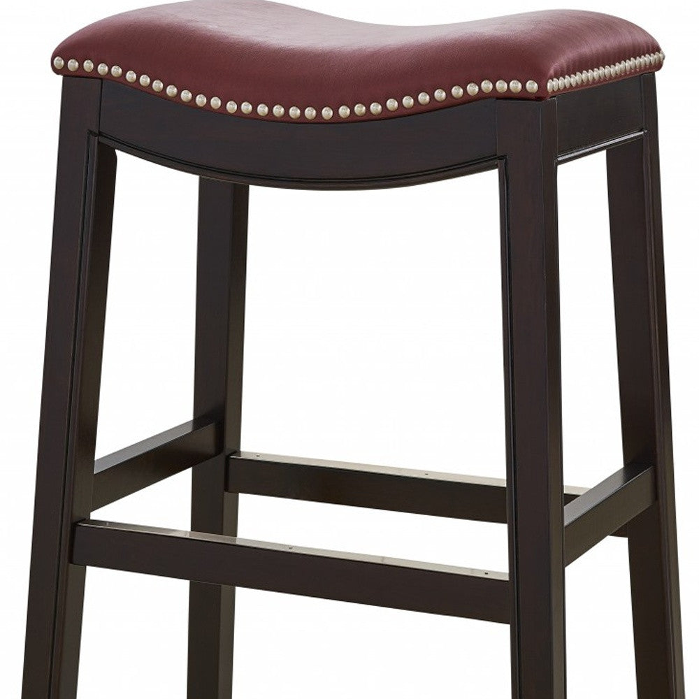 30" Espresso And Red Saddle Style Counter Height Bar Stool