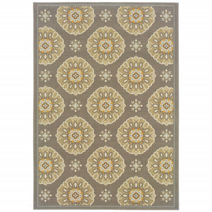 8' Grey Gold Floral Medallion Discs Indoor Outdoor Area Rug Runner Rug