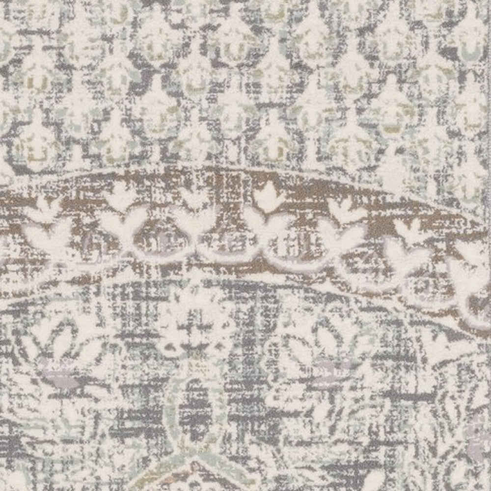 7' Ivory Grey Distressed Oversize Medallion Indoor Runner Rug