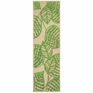 8' Sand And Lime Green Leaves Indoor Outdoor Runner Rug