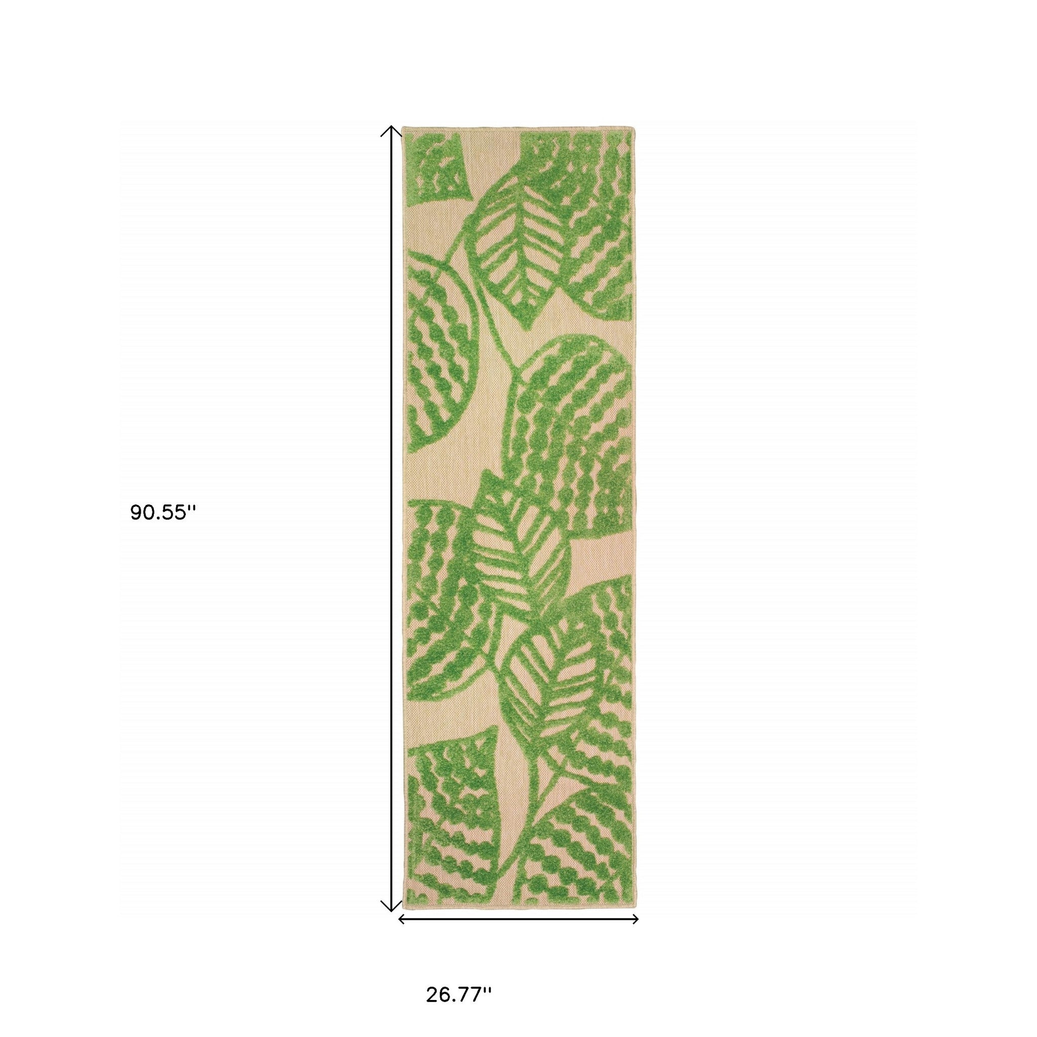 8' Sand And Lime Green Leaves Indoor Outdoor Runner Rug
