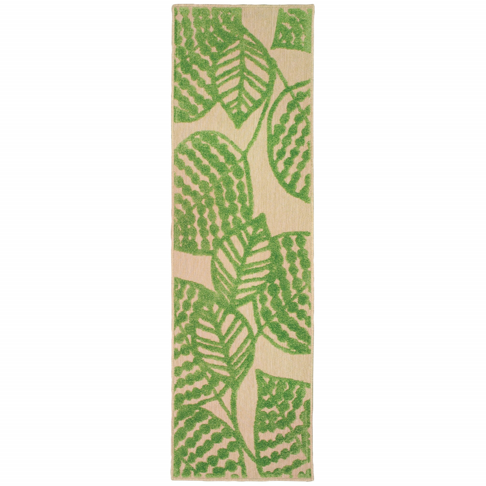 8' Sand And Lime Green Leaves Indoor Outdoor Runner Rug