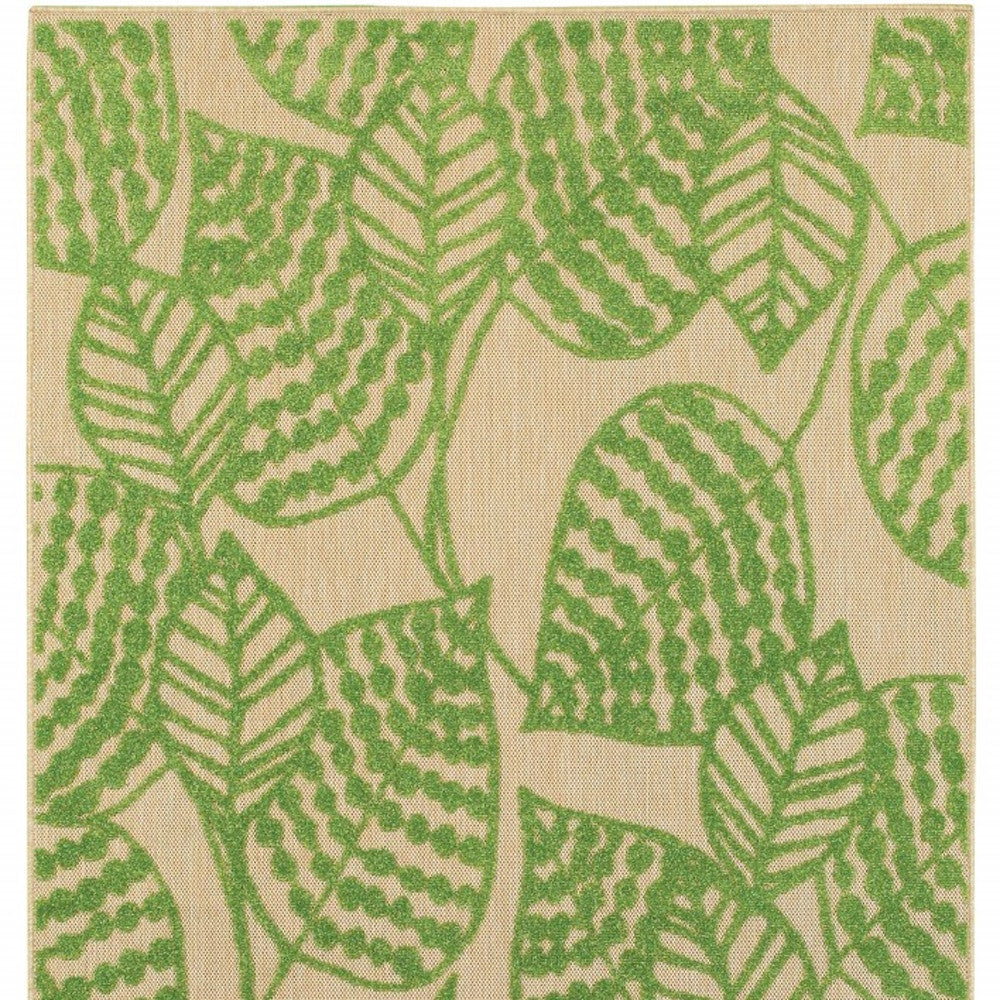 8' Sand And Lime Green Leaves Indoor Outdoor Runner Rug