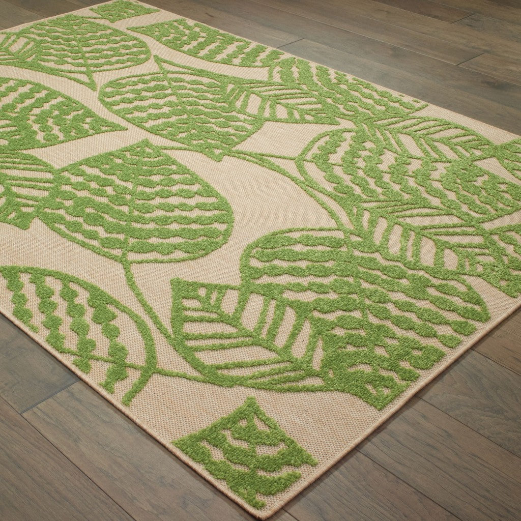 8' Sand And Lime Green Leaves Indoor Outdoor Runner Rug