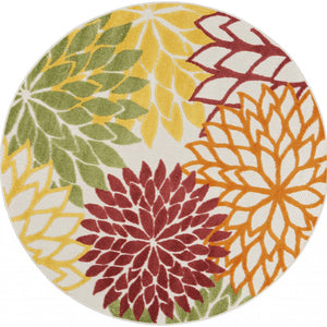 4' Round Green And Ivory Round Floral Indoor Outdoor Area Rug