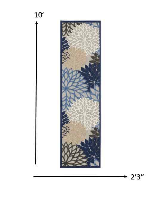 2' X 6' Blue And Gray Floral Indoor Outdoor Area Rug