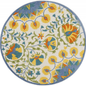 Round Ivory And Blue Round Floral Indoor Outdoor Area Rug 4'