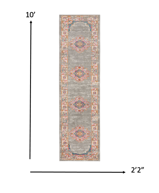 2’ X 10’ Gray And Gold Medallion Runner Rug