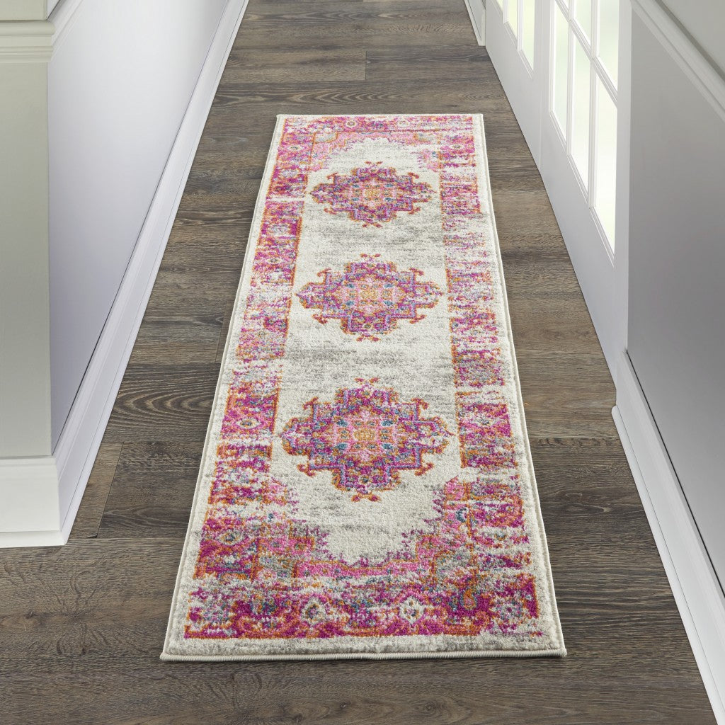 2’ X 6' Ivory And Fuchsia Distressed Runner Rug