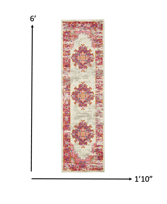 2’ X 6' Ivory And Fuchsia Distressed Runner Rug