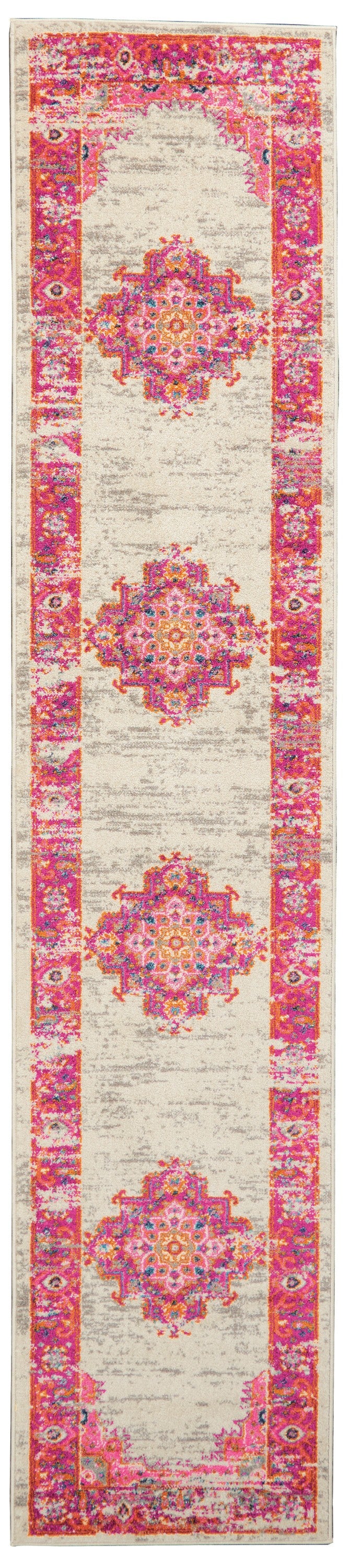 2’ X 6' Ivory And Fuchsia Distressed Runner Rug