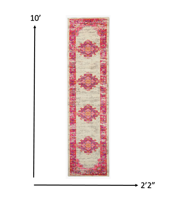 2’ X 6' Ivory And Fuchsia Distressed Runner Rug