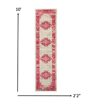 2’ X 6' Ivory And Fuchsia Distressed Runner Rug