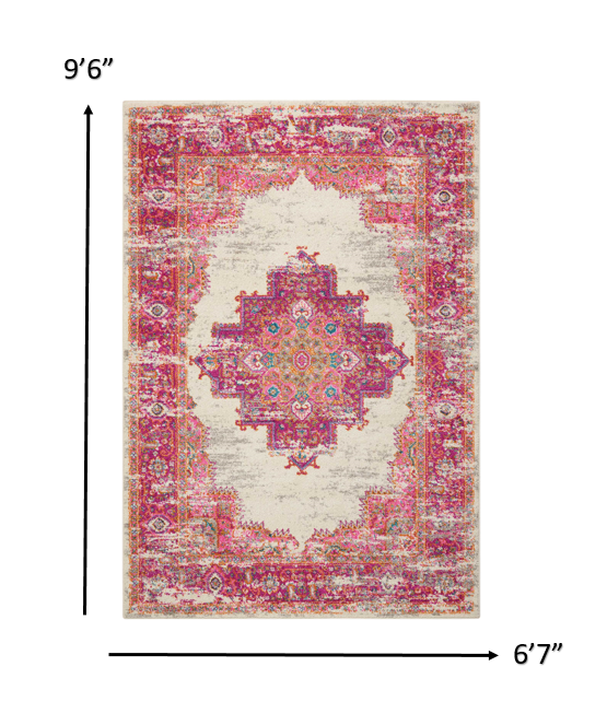 2’ X 6' Ivory And Fuchsia Distressed Runner Rug