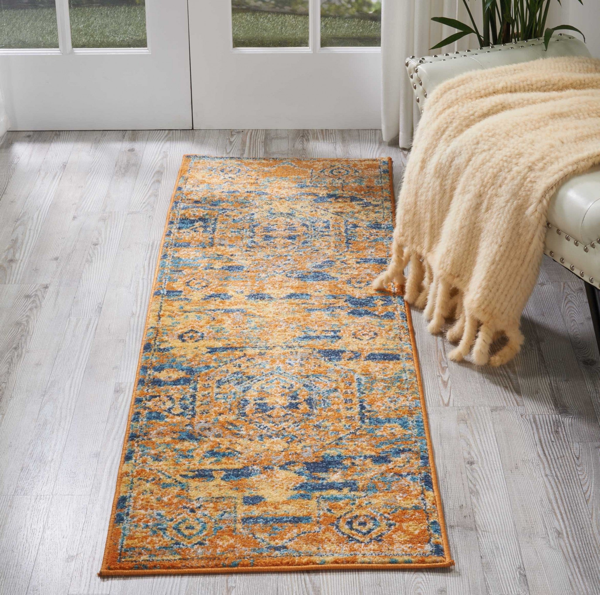 2’ X 6’ Gold And Blue Antique Runner Rug