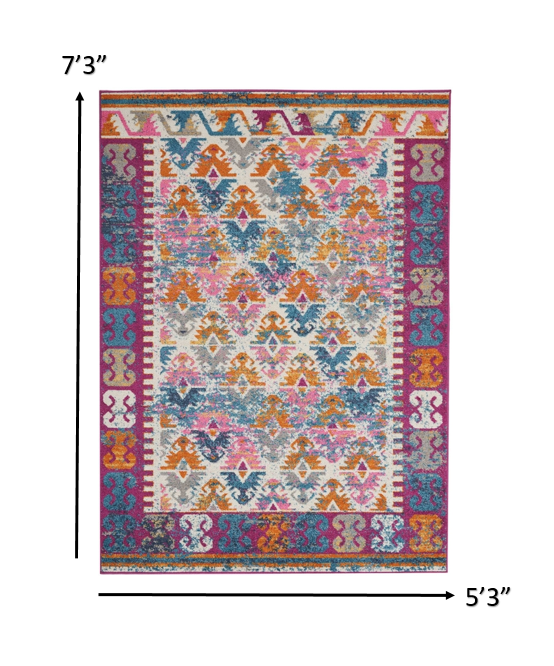 2’ X 6’ Ivory And Magenta Tribal Pattern Runner Rug