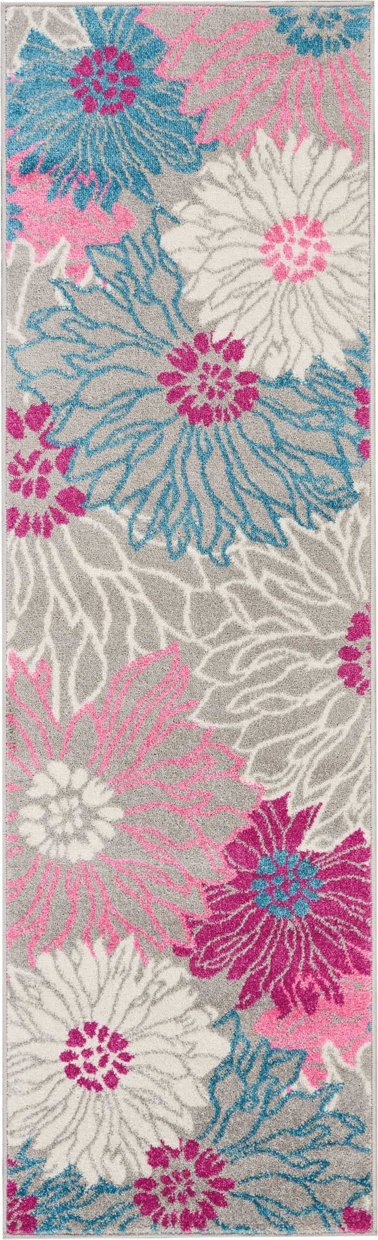 2’ X 6’ Gray And Pink Tropical Flower Runner Rug