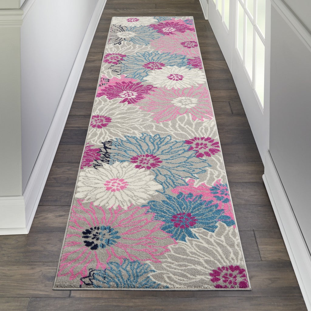 2’ X 6’ Gray And Pink Tropical Flower Runner Rug