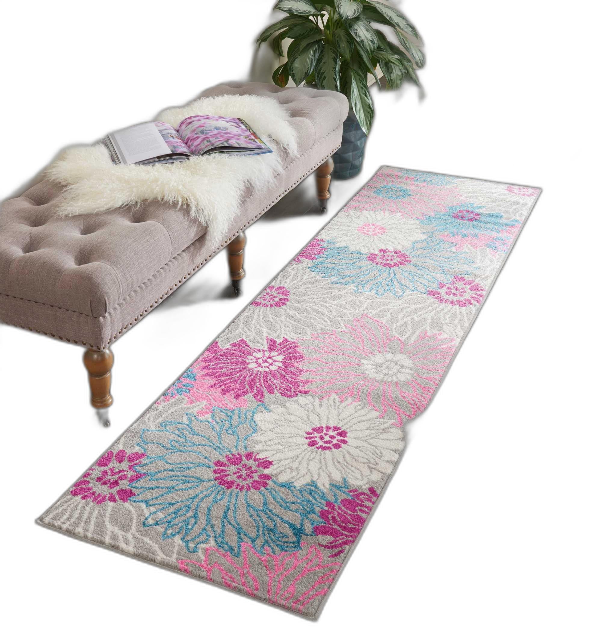 2’ X 6’ Gray And Pink Tropical Flower Runner Rug