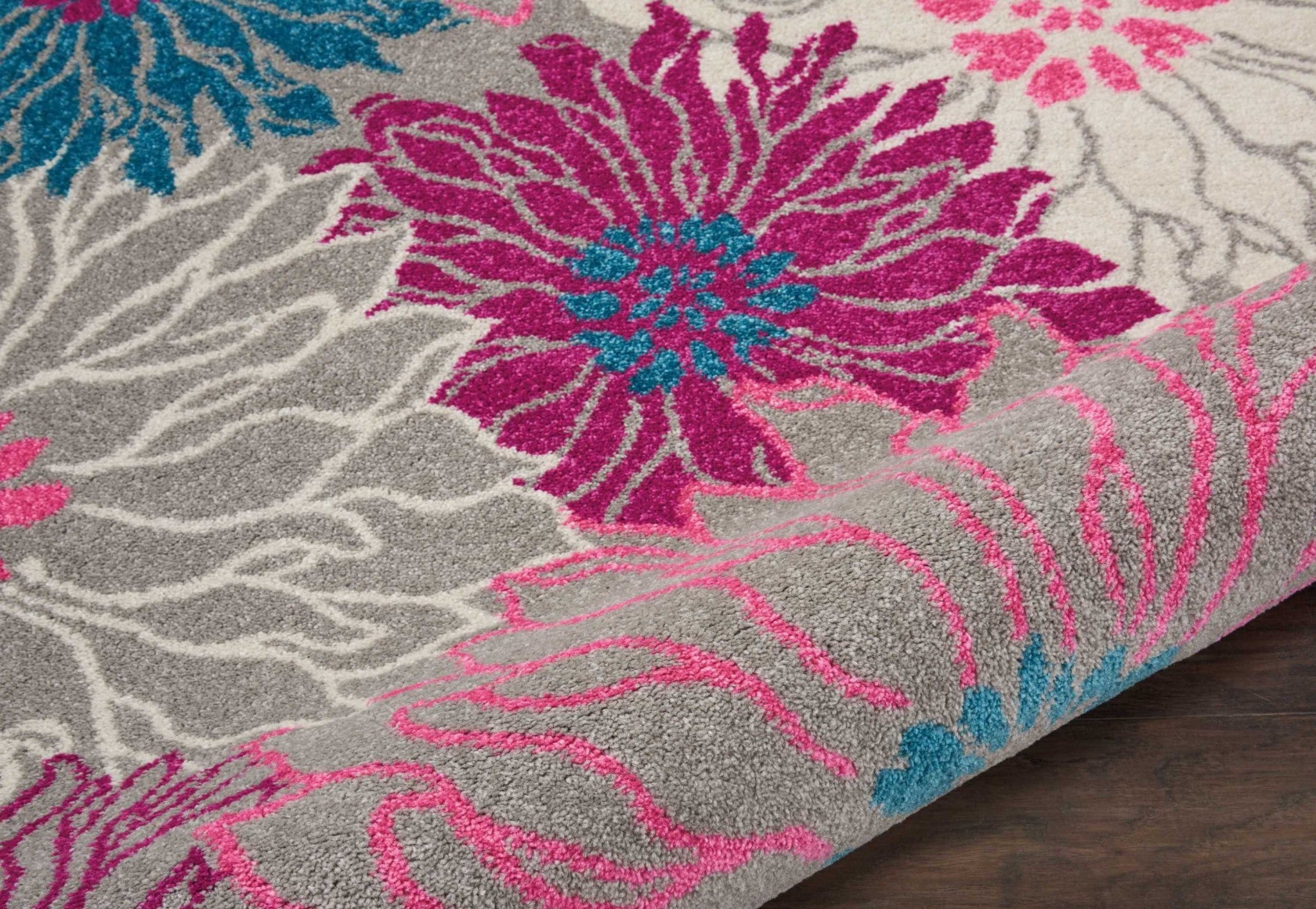 2’ X 6’ Gray And Pink Tropical Flower Runner Rug