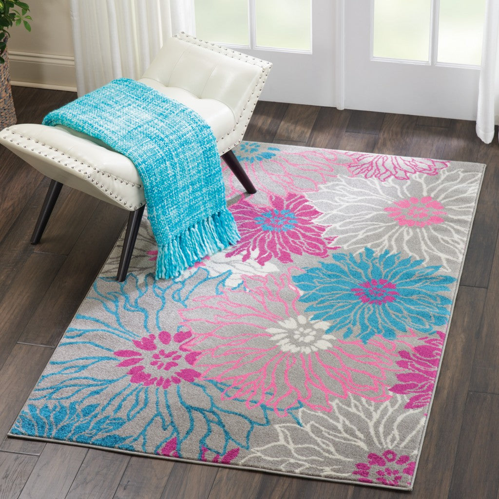 2’ X 6’ Gray And Pink Tropical Flower Runner Rug