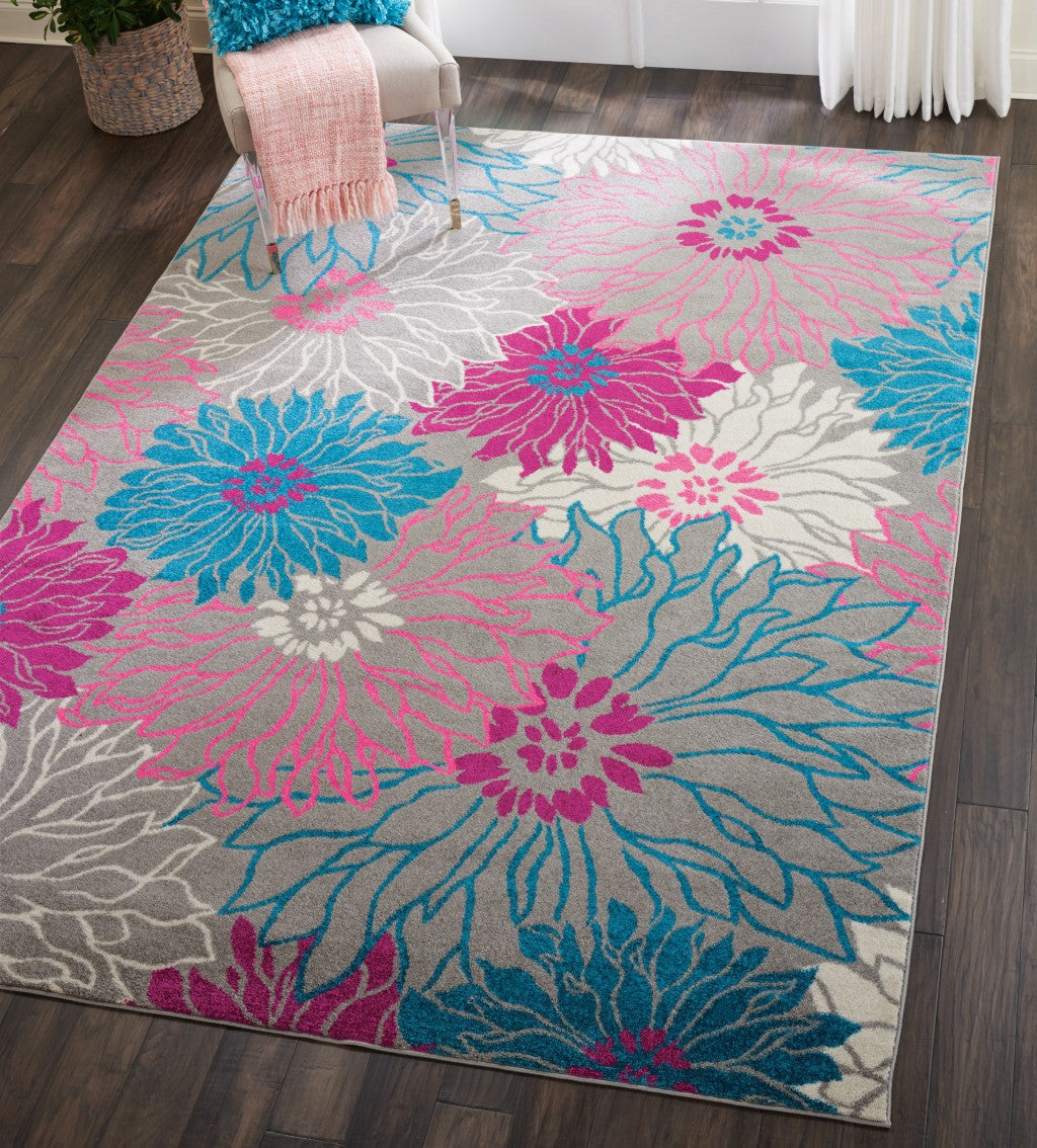 2’ X 6’ Gray And Pink Tropical Flower Runner Rug