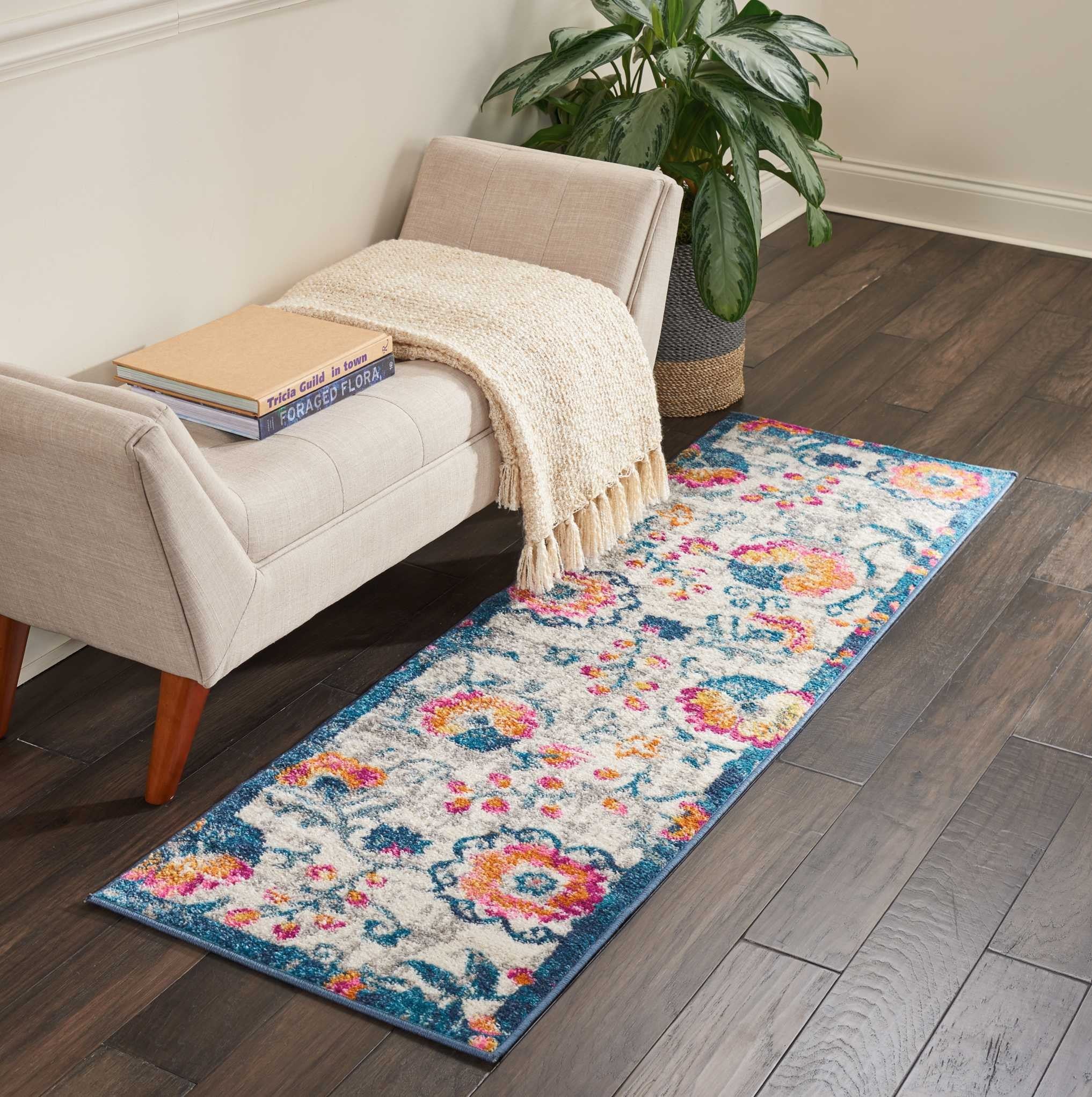 2’ X 6’ Ivory And Blue Floral Vines Runner Rug