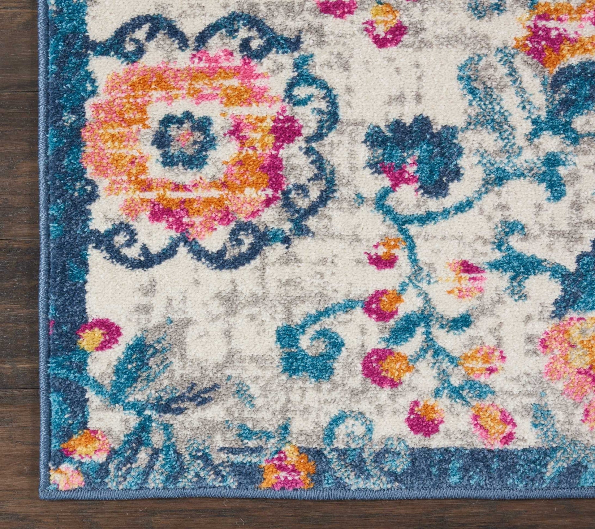 2’ X 6’ Ivory And Blue Floral Vines Runner Rug