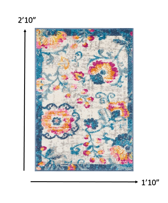 2’ X 6’ Ivory And Blue Floral Vines Runner Rug