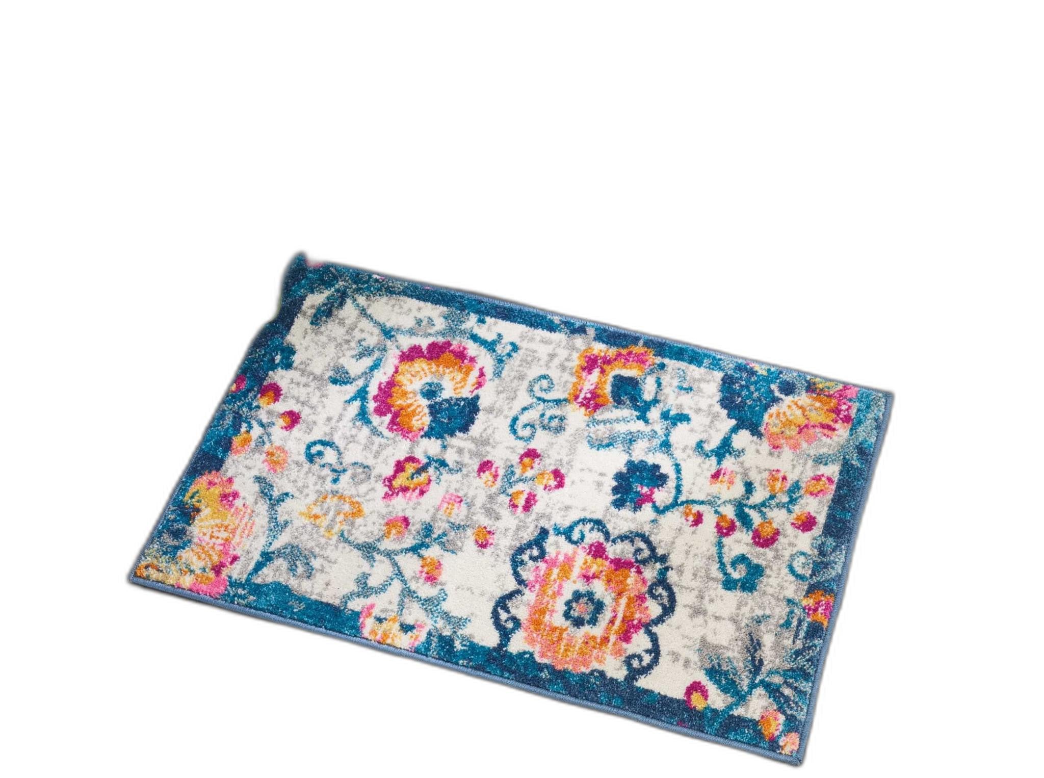 2’ X 6’ Ivory And Blue Floral Vines Runner Rug