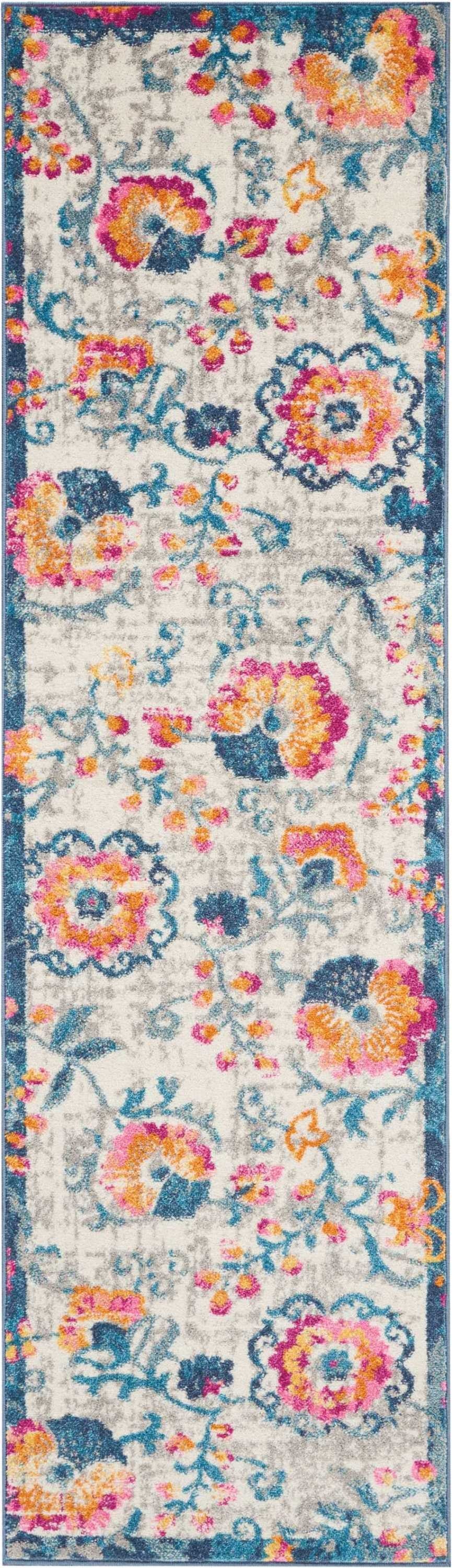 2’ X 6’ Ivory And Blue Floral Vines Runner Rug