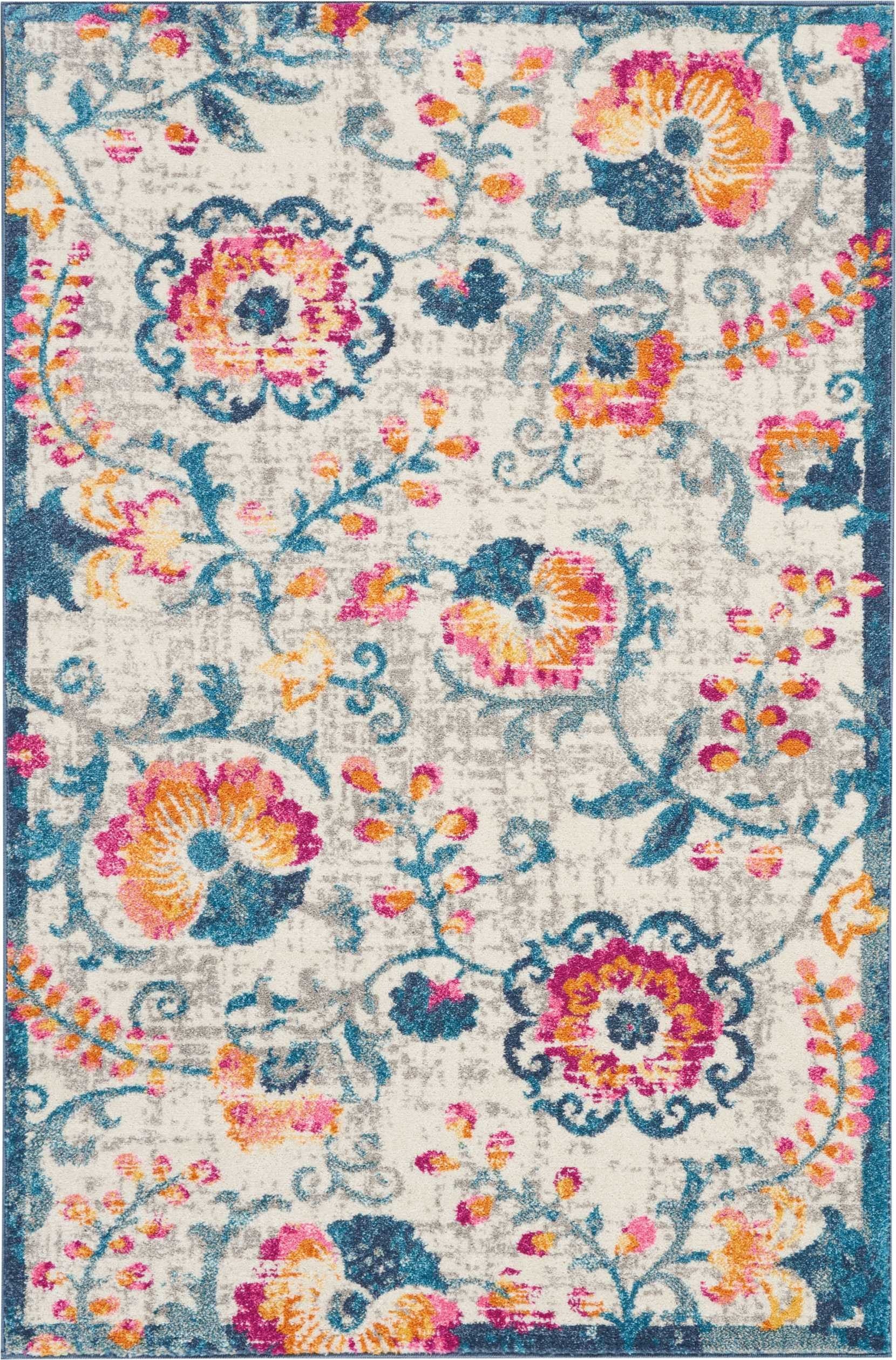 2’ X 6’ Ivory And Blue Floral Vines Runner Rug
