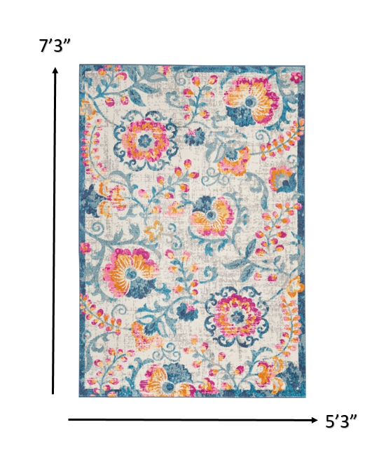 2’ X 6’ Ivory And Blue Floral Vines Runner Rug