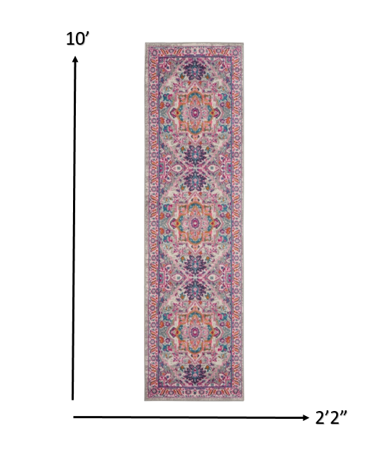 2’ X 6’ Light Gray And Pink Medallion Runner Rug