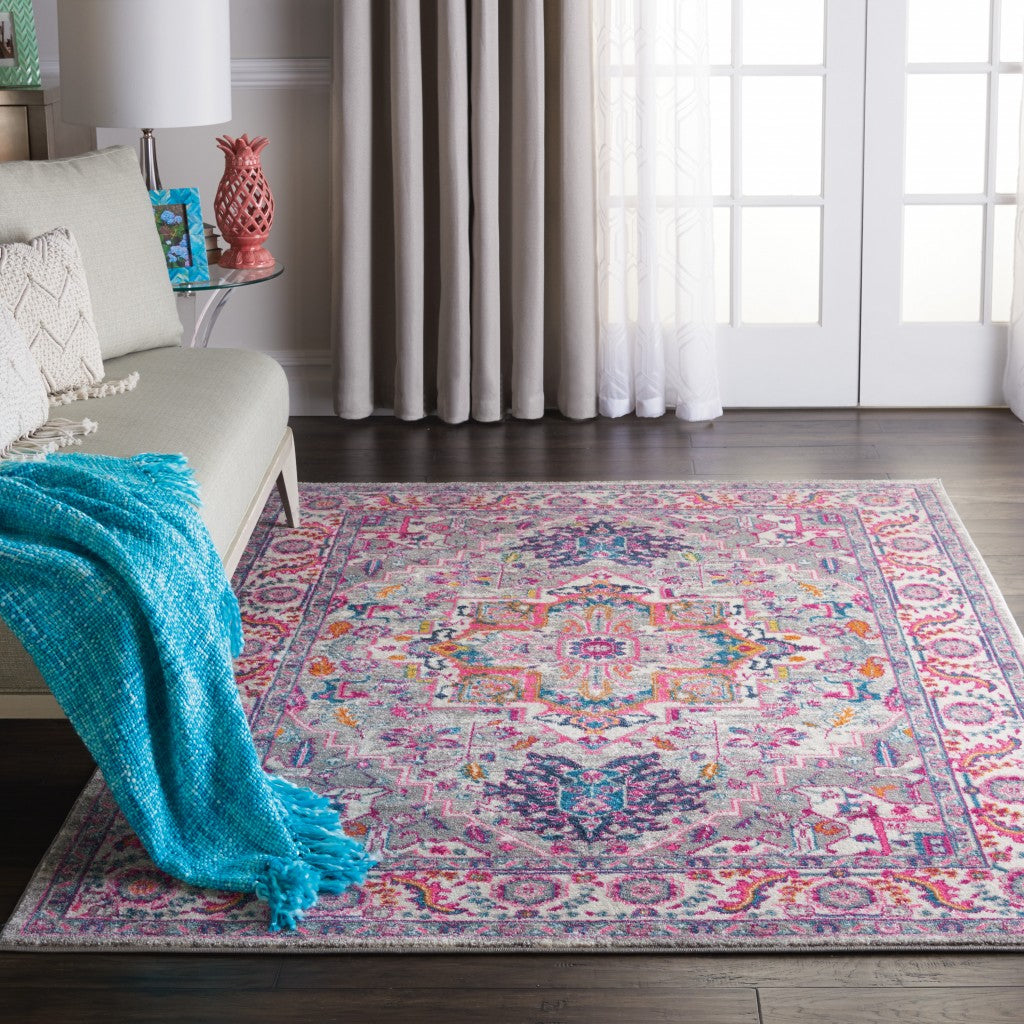 4’ X 6’ Light Gray And Pink Medallion Area Rug
