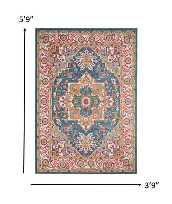 4’ X 6’ Teal And Pink Medallion Area Rug