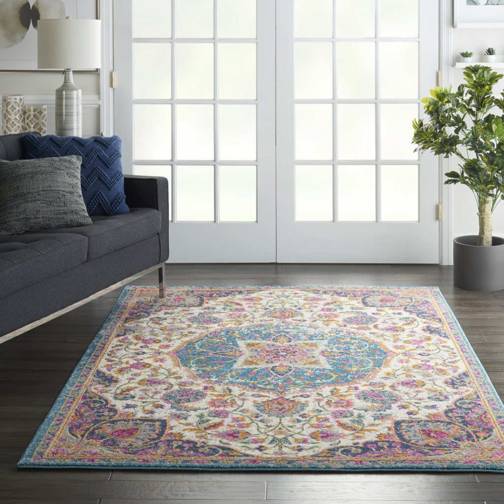 2’ X 3’ Pink And Blue Floral Medallion Scatter Rug