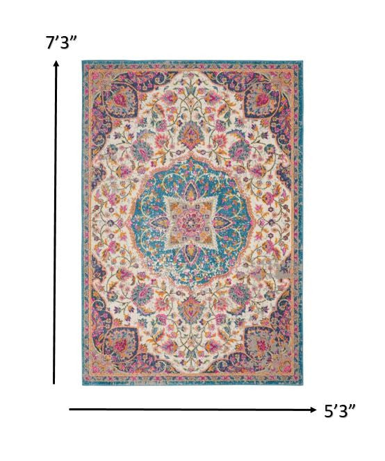 2’ X 3’ Pink And Blue Floral Medallion Scatter Rug