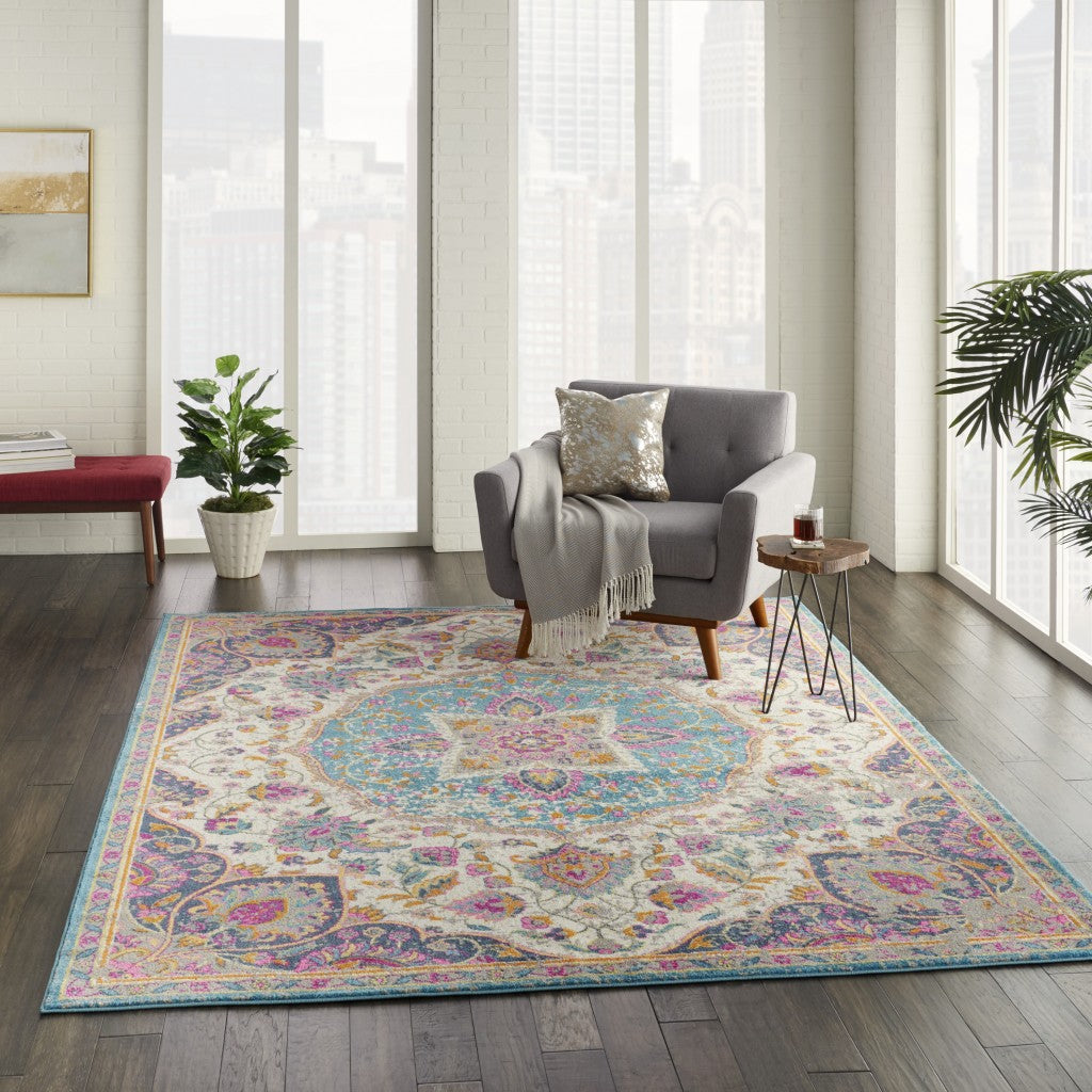 2’ X 3’ Pink And Blue Floral Medallion Scatter Rug