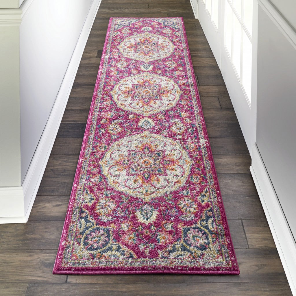 2’ X 6’ Pink And Ivory Medallion Runner Rug